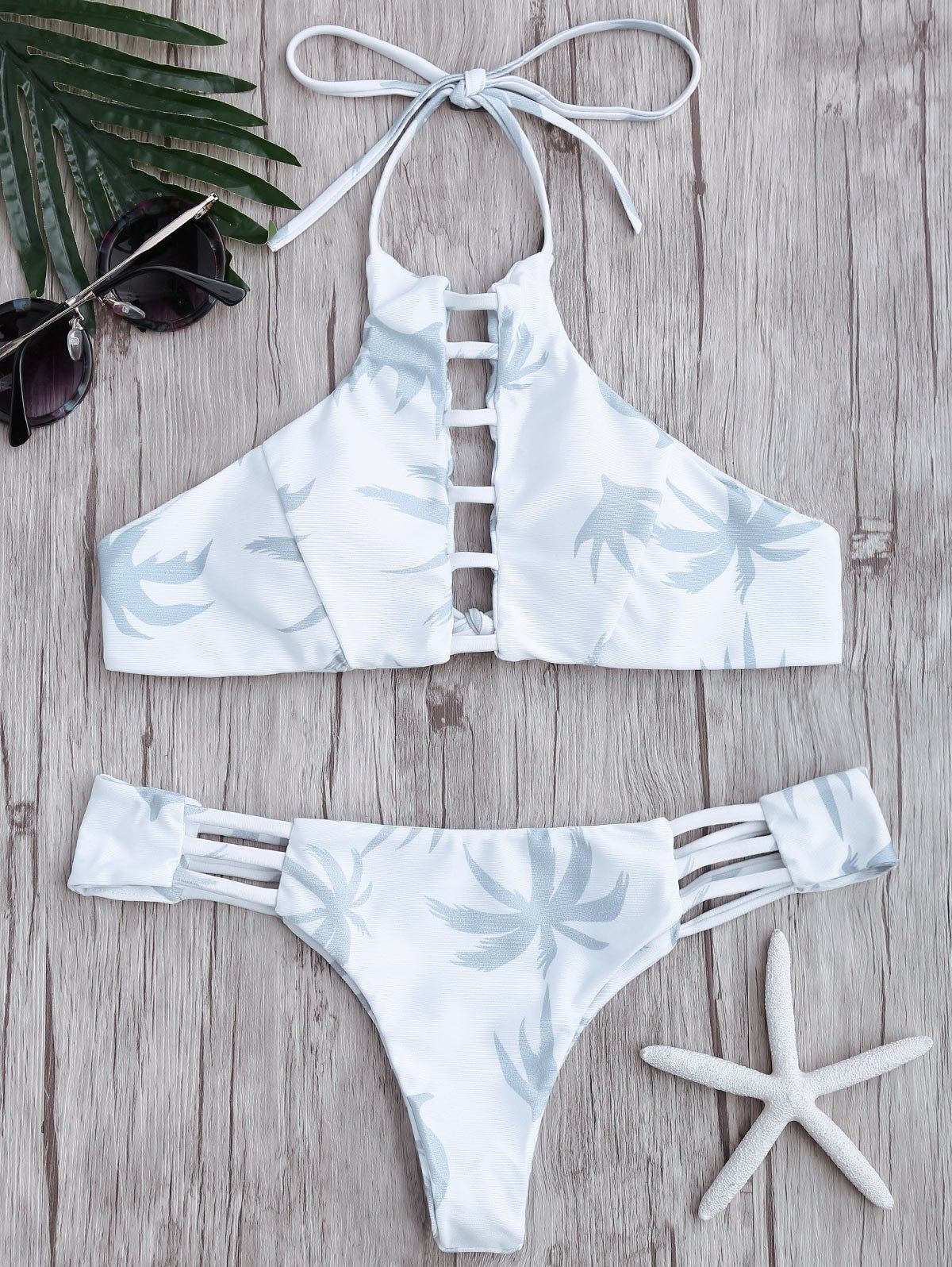 White S Ladder Cutout Palm Trees Print Bikini Set | Rosegal.com