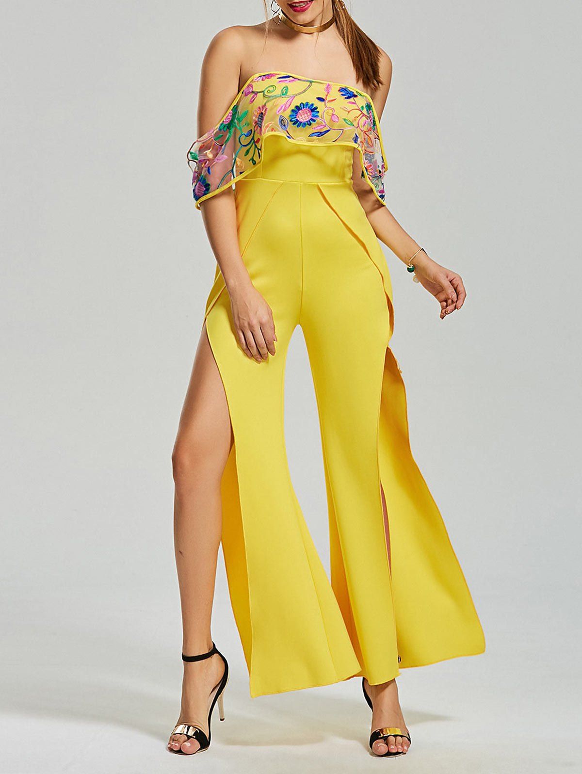 off shoulder embroidered mesh panel jumpsuit