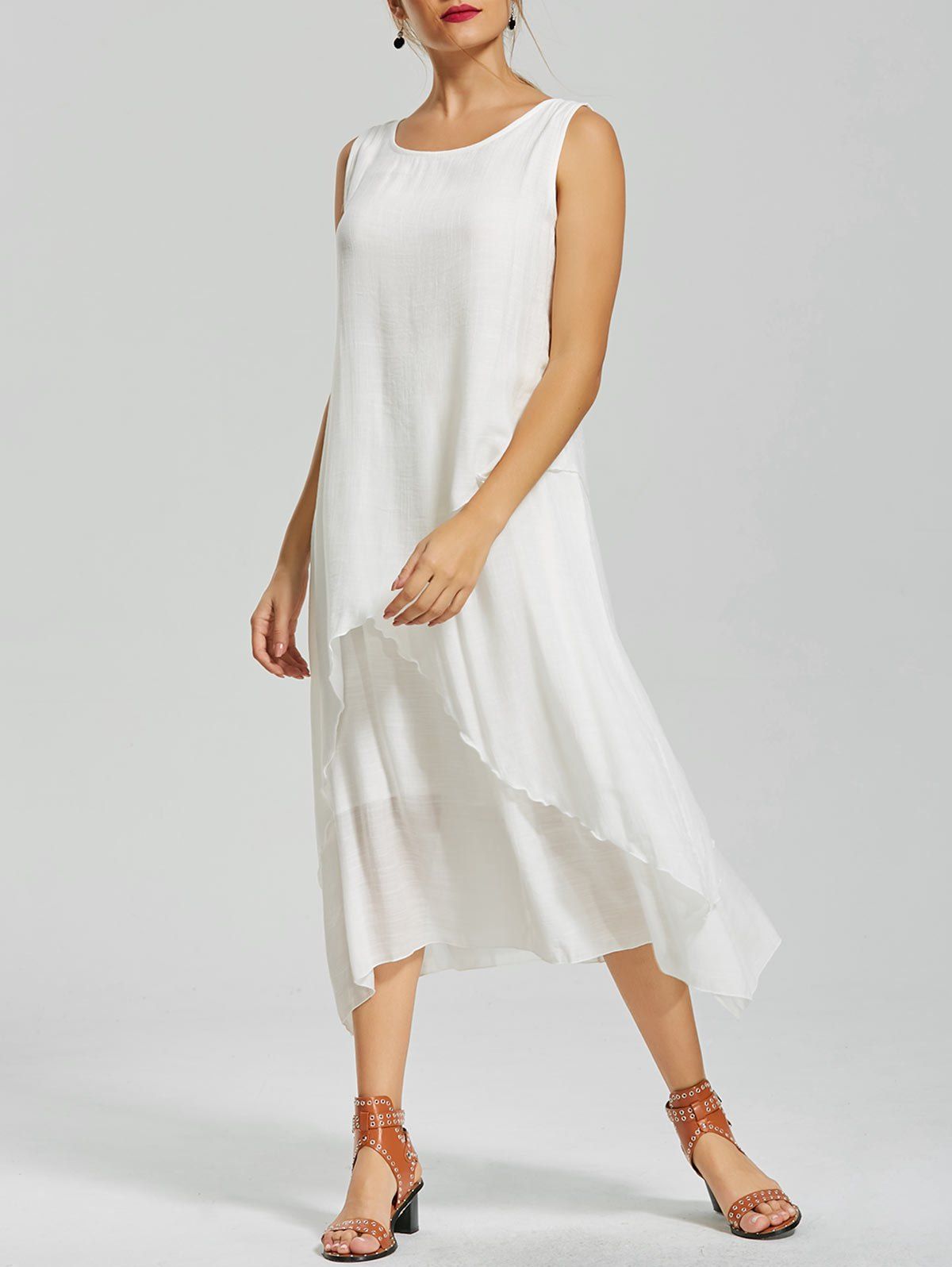 2018 Flouce Casual Flowy Long Shift Tea Length Dress In White M ...