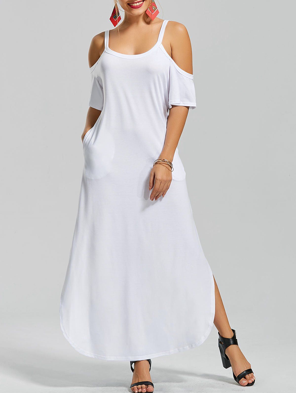 

Slit Pockets Maxi Cold Shoulder Dress, White
