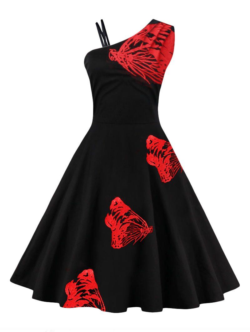 

Butterfly Embroidered One Shoulder Flare Dress, Red