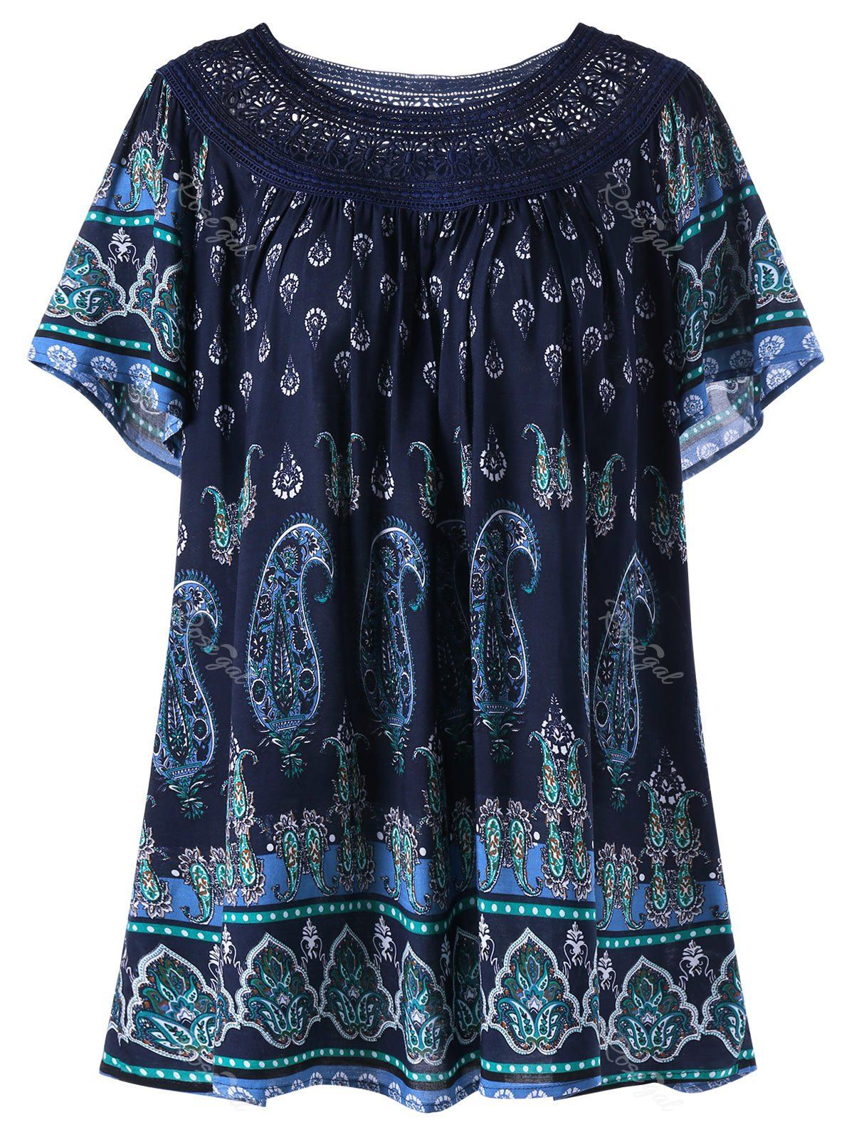 

Plus Size Lace Trim Bohemian Tribal Print Top, Deep blue