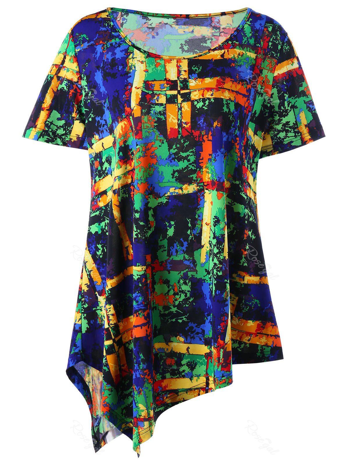 

Plus Size Multi All-printed Long Asymmetric T-shirt, Colormix