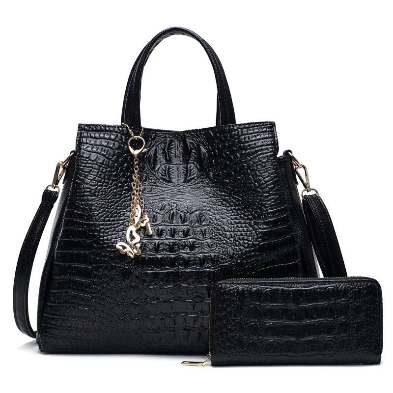 

Crocodile Embossed Handbag with Wallet, Black