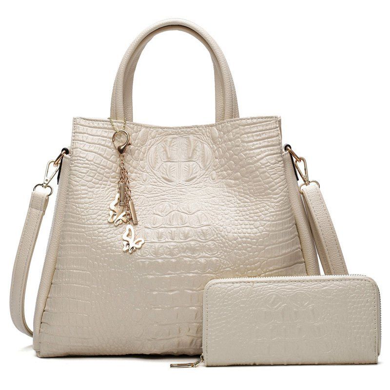 

Crocodile Embossed Handbag with Wallet, White