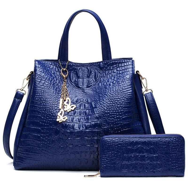 

Crocodile Embossed Handbag with Wallet, Blue