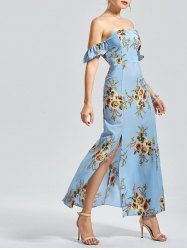 High Split Off The Shoulder Floral Maxi Dress - WINDSOR BLUE M