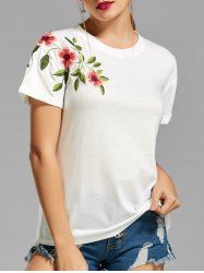Flower Embroidered T-shirt -  