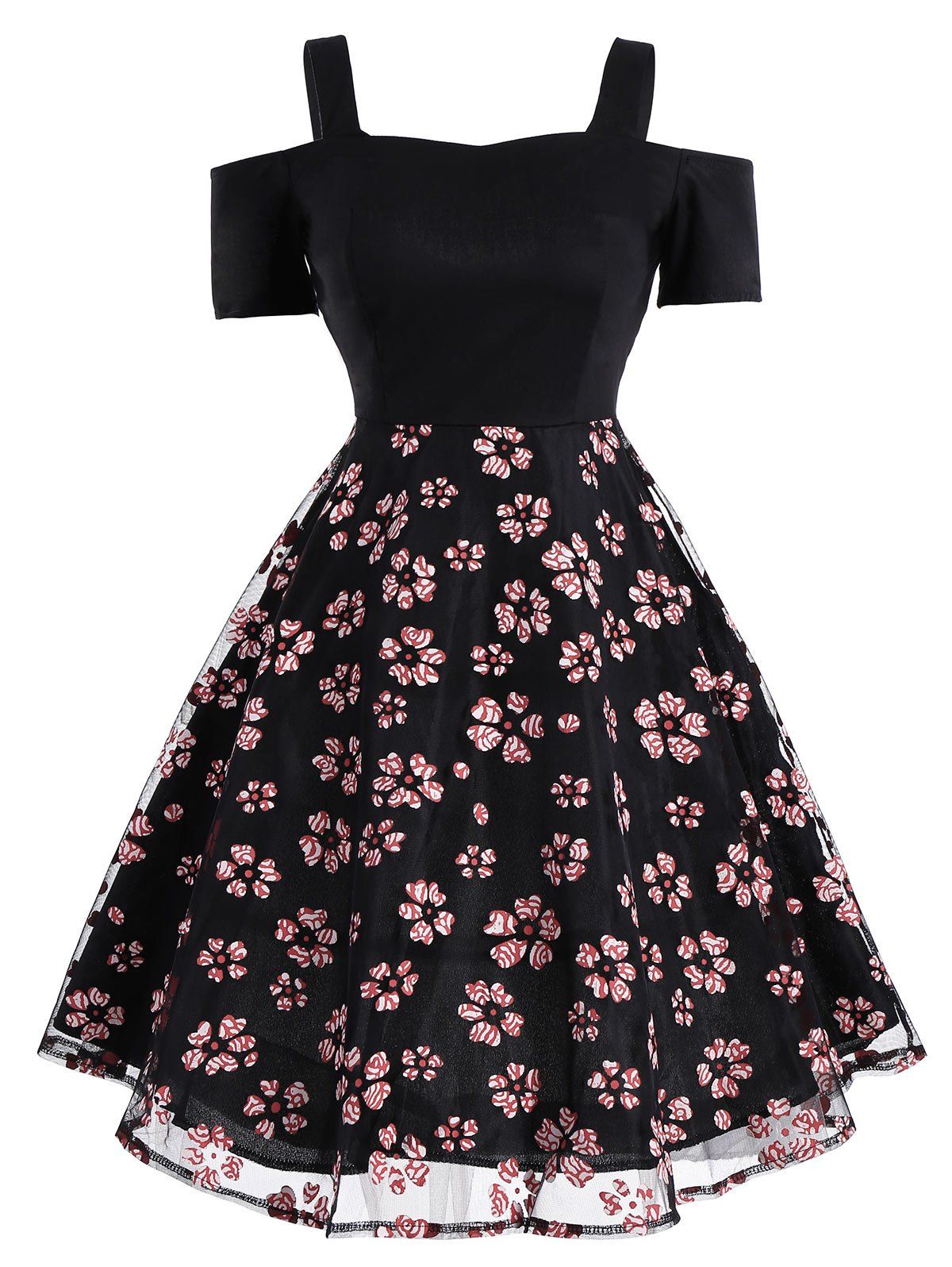 

Mesh Panel Floral Vintage Fit and Flare Dress, Black