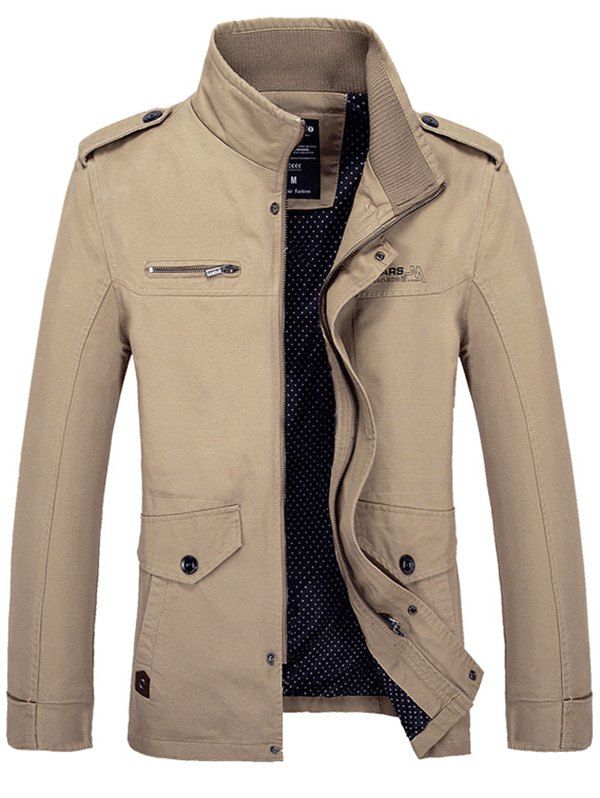 

Side Pocket Design Graphic Print Stand Collar Jacket, Khaki