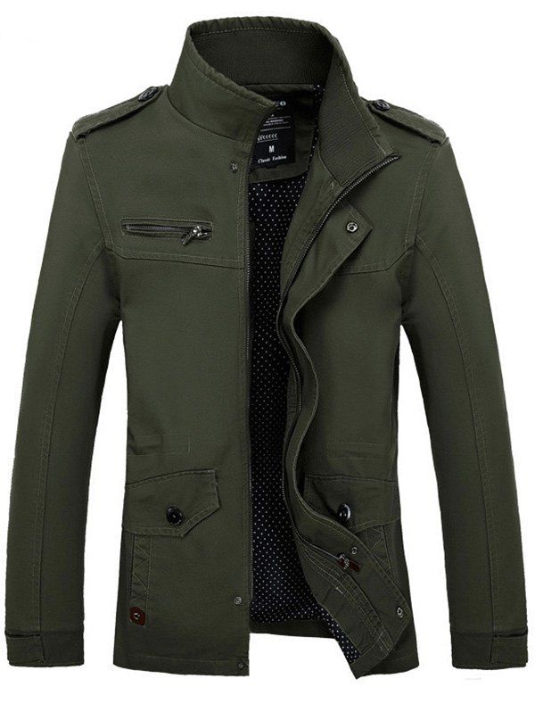 

Side Pocket Design Graphic Print Stand Collar Jacket, Army green