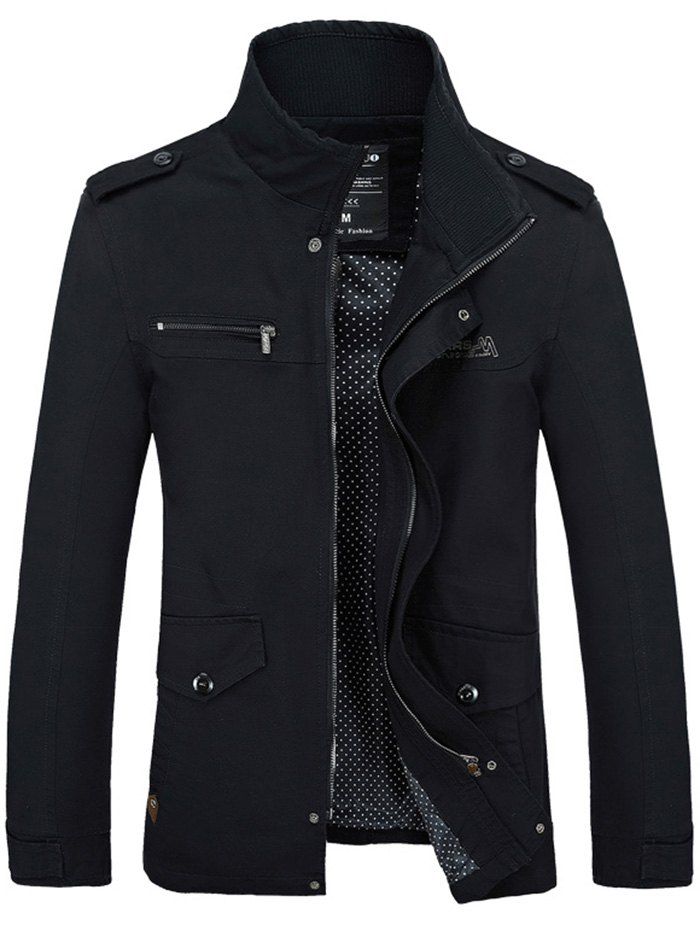 

Side Pocket Design Graphic Print Stand Collar Jacket, Black