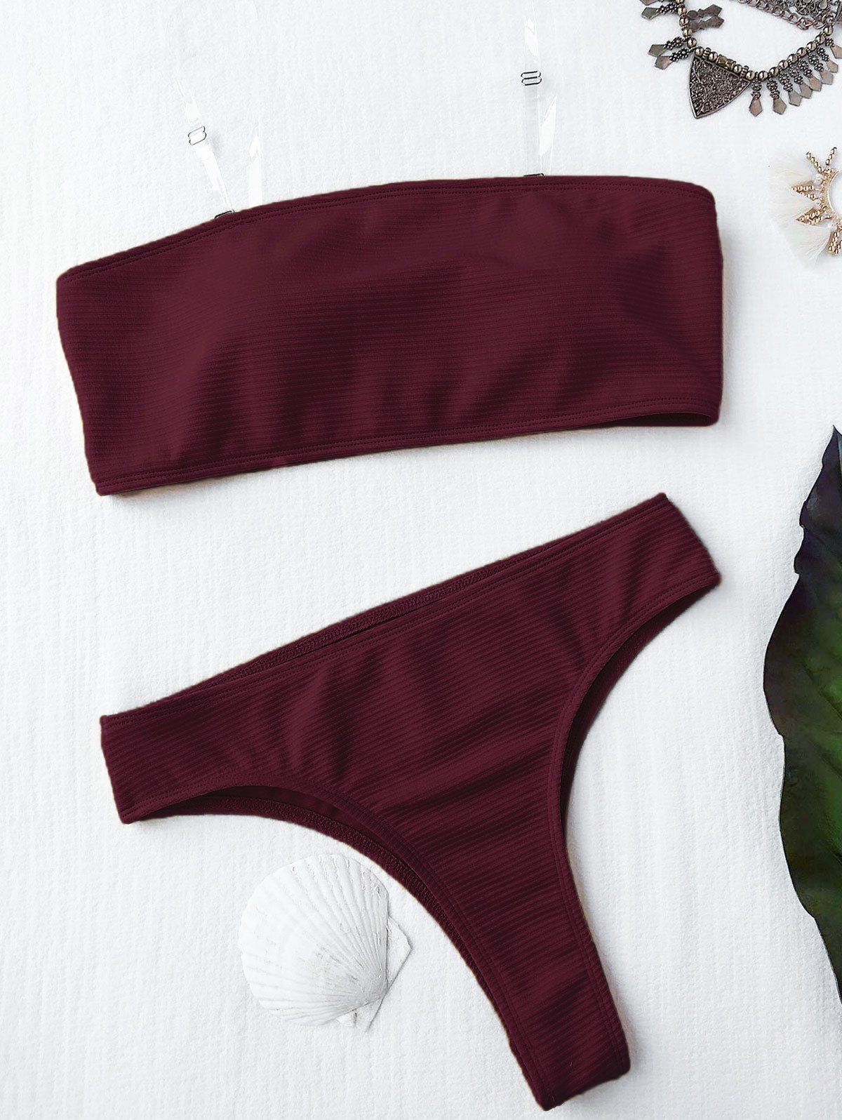 

Rib Texture High Leg Bandeau Bikini Set, Burgundy