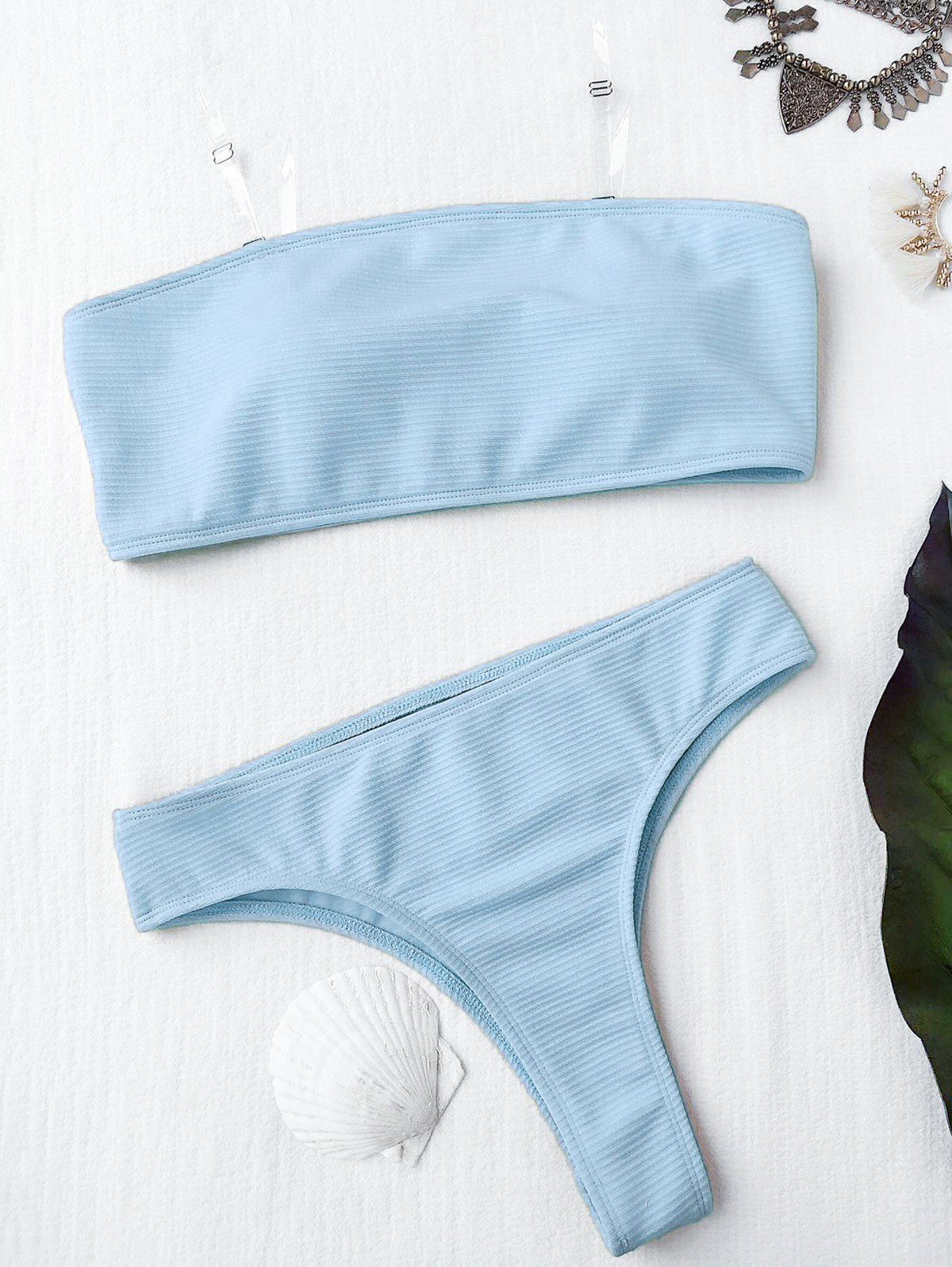 

Rib Texture High Leg Bandeau Bikini Set, Light blue
