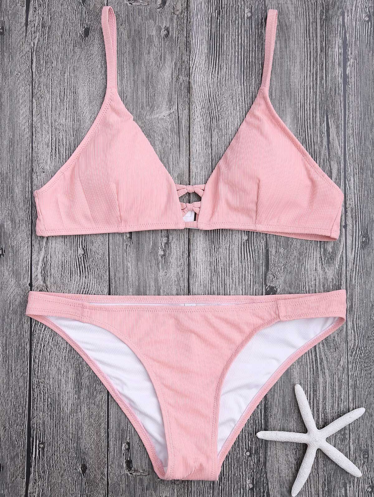 

Criss Cross Cami Strap Texture Bikini Set, Pink