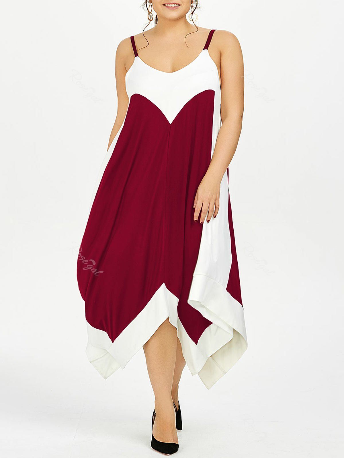 

Plus Size Handkerchief Flowy Two Tone Slip Dress, Wine red