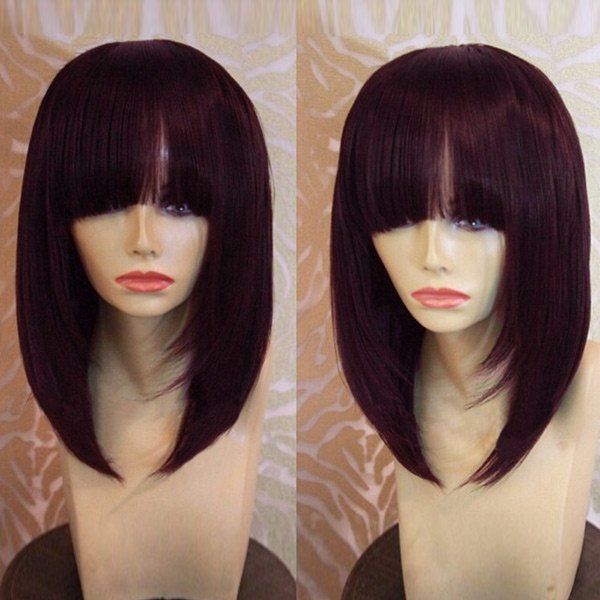 

Medium Neat Bang Straight Bob Synthetic Wig, Wine red