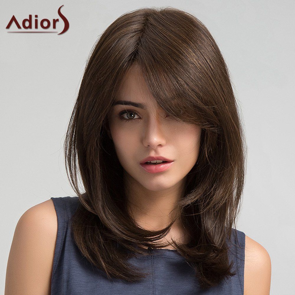 

Adiors Long Inclined Bang Straight Synthetic Wig, Brown