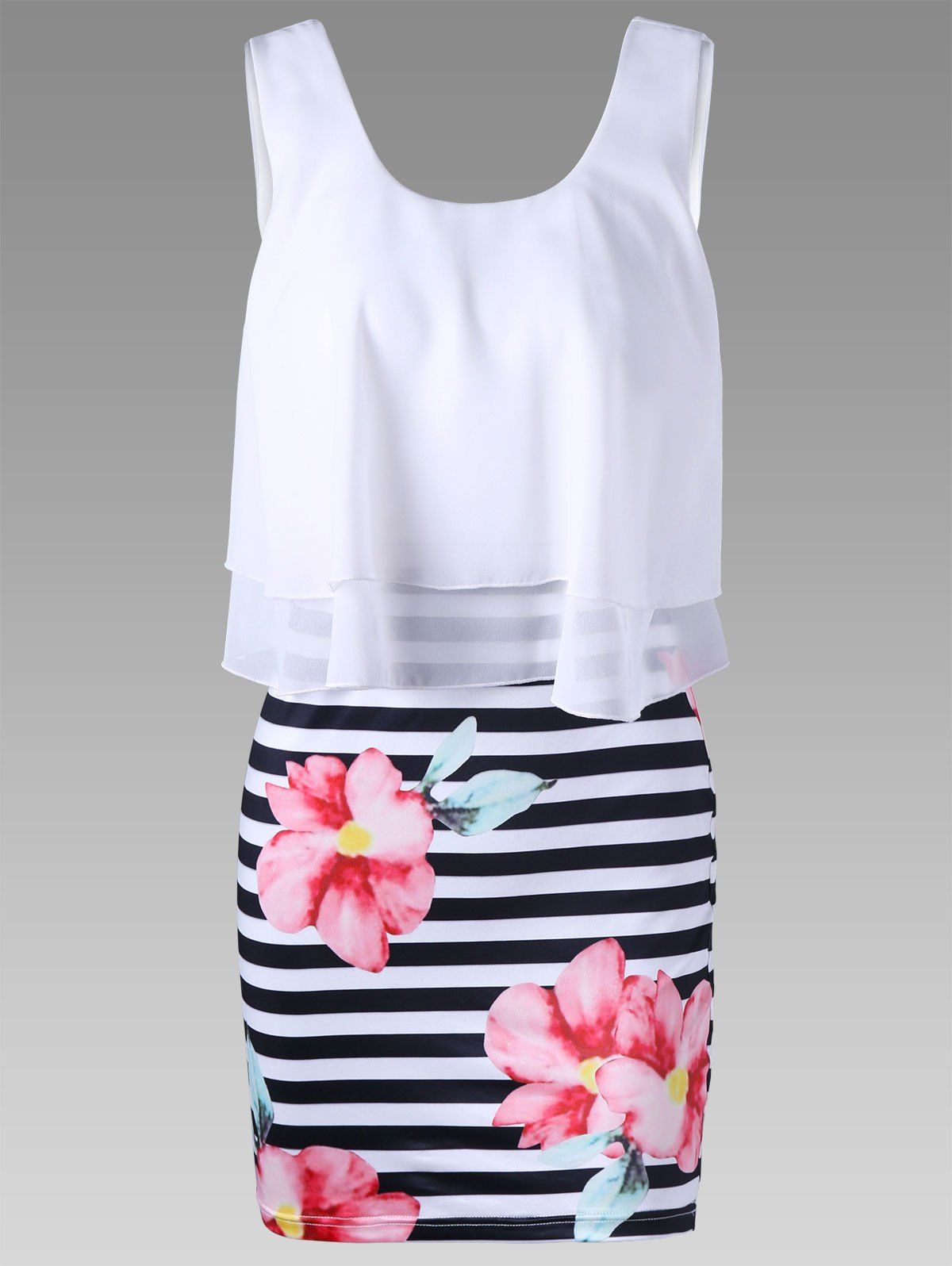 

Floral with Striped Tight Popover Dress, White