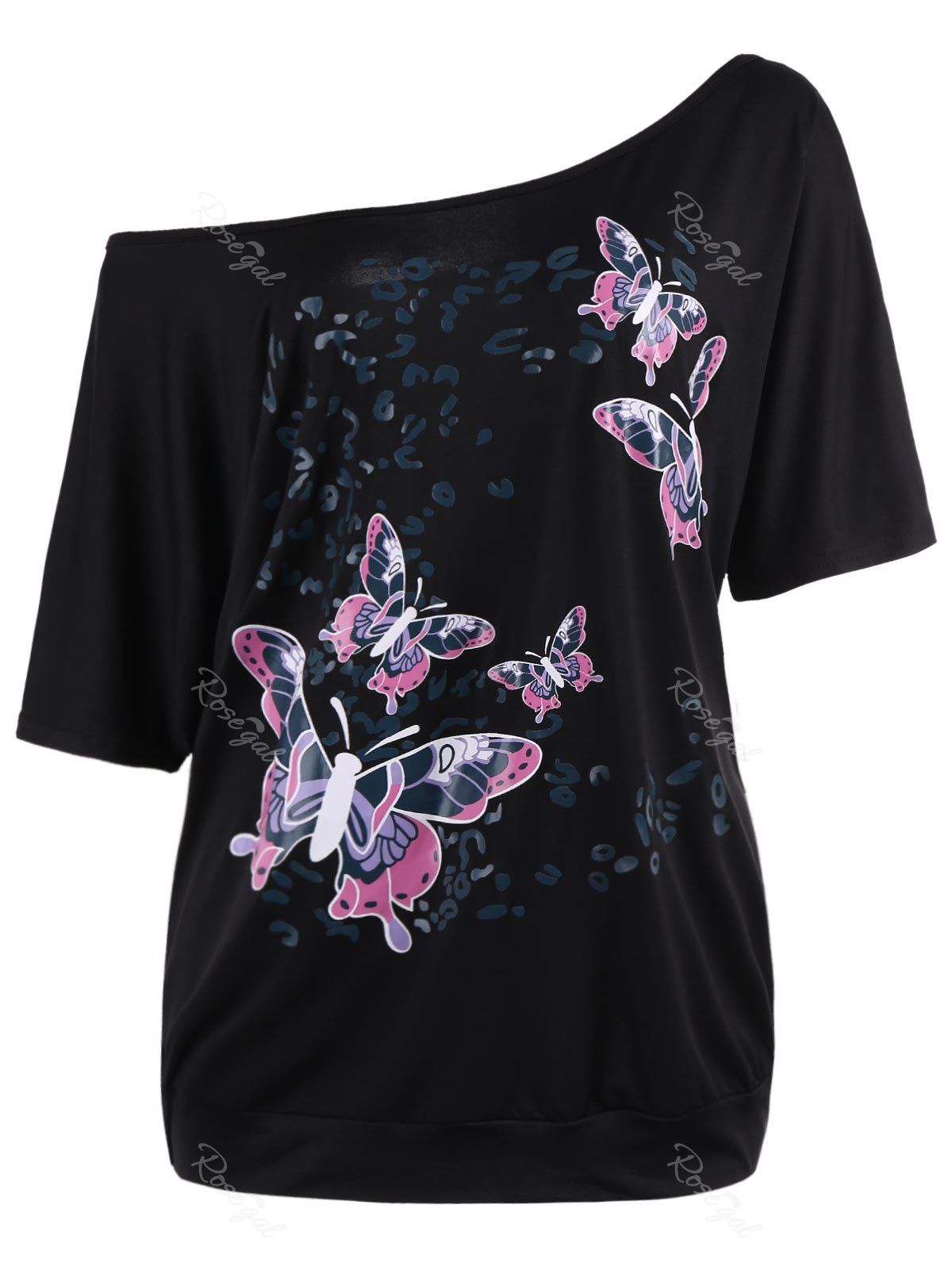 

Plus Size Skew Collar Butterfly Print Top, Black