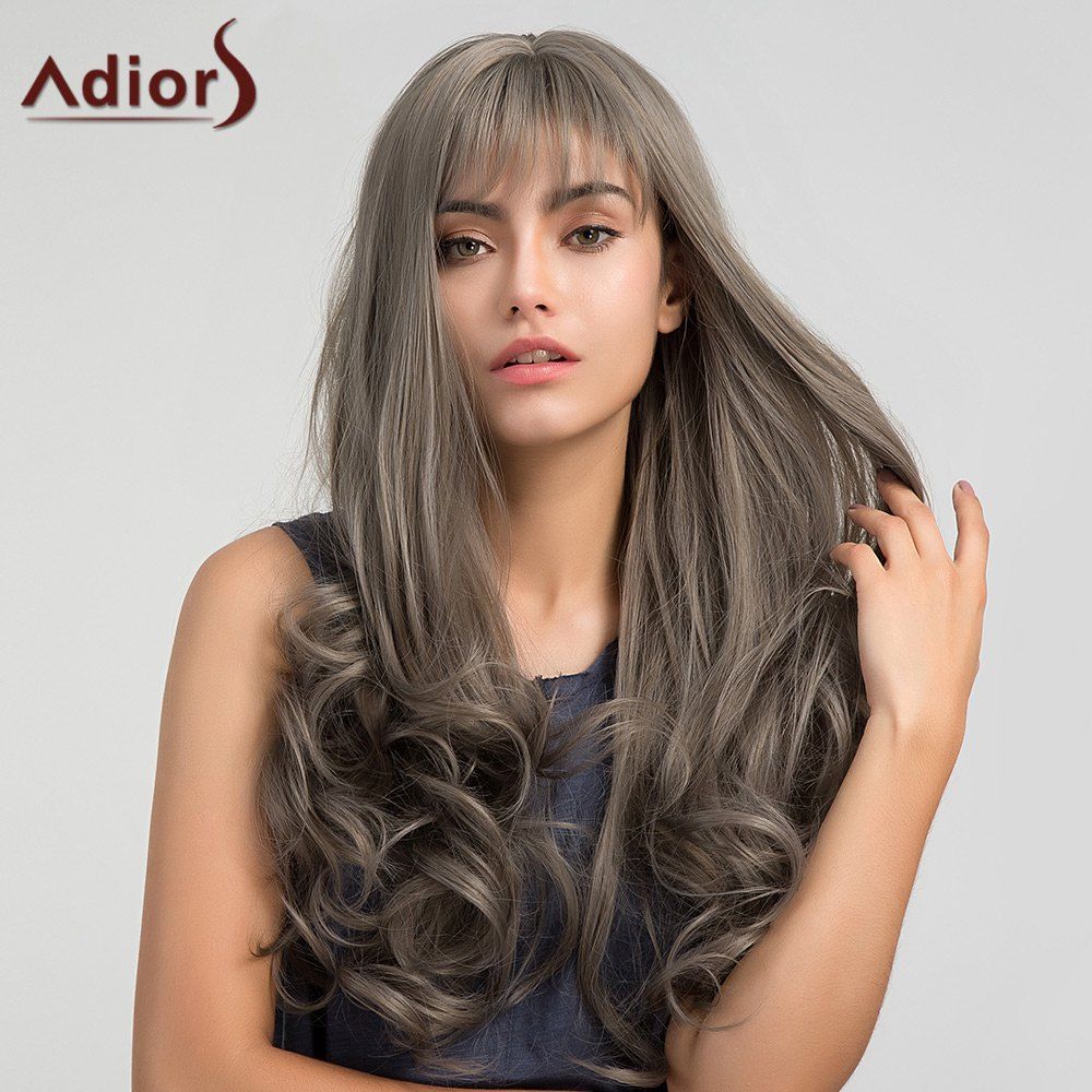 

Adiors Long Neat Bang Shaggy Layered Wavy Synthetic Wig, Gray