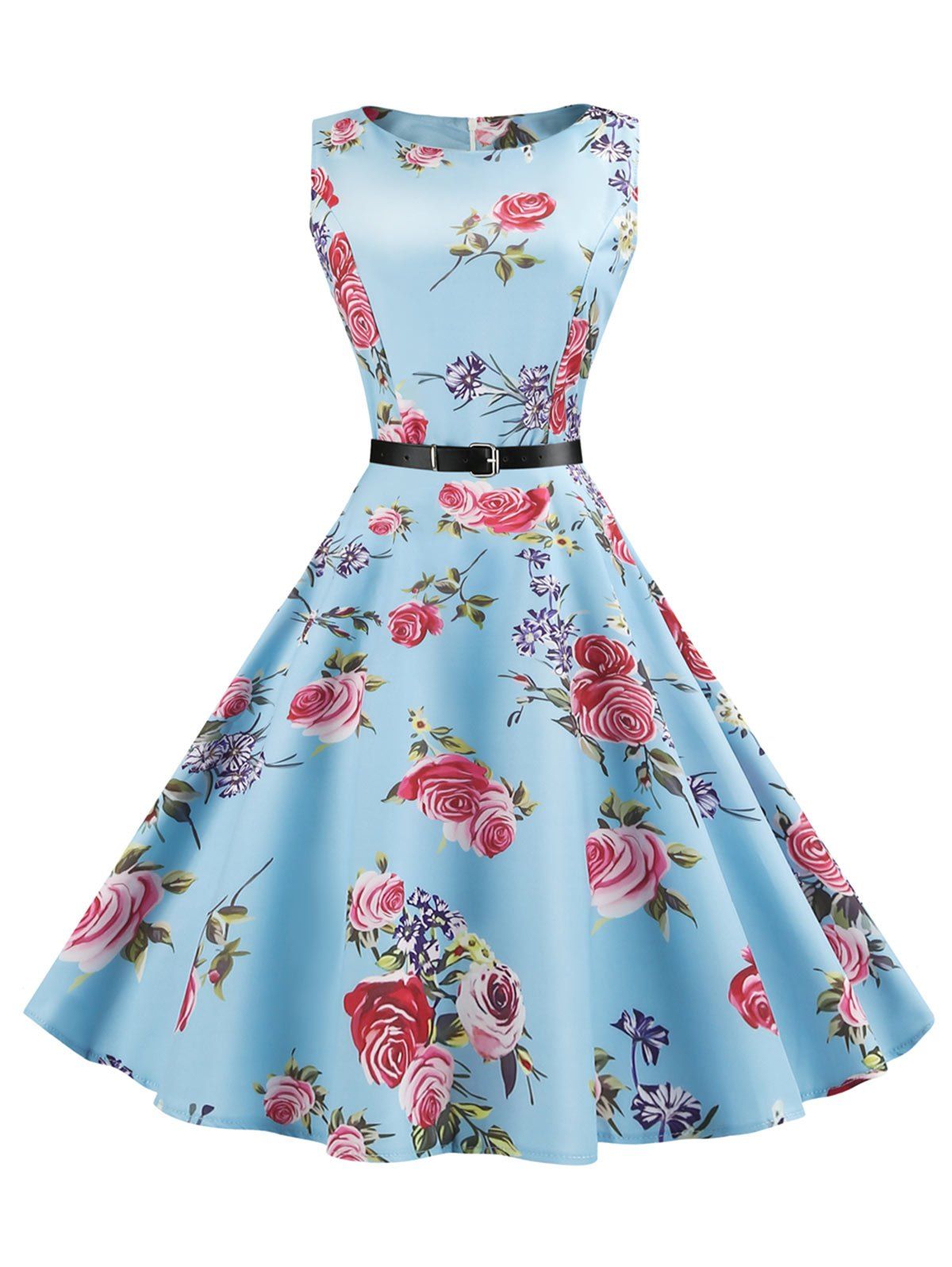 

Vintage Sleeveless Floral Belt Dress, Windsor blue