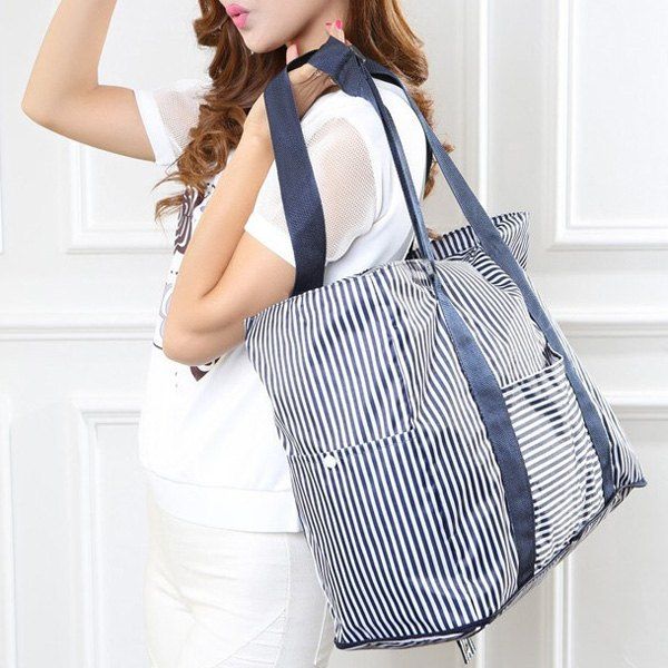 

Foldable Nylon Striped Storage Bag, Navy blue