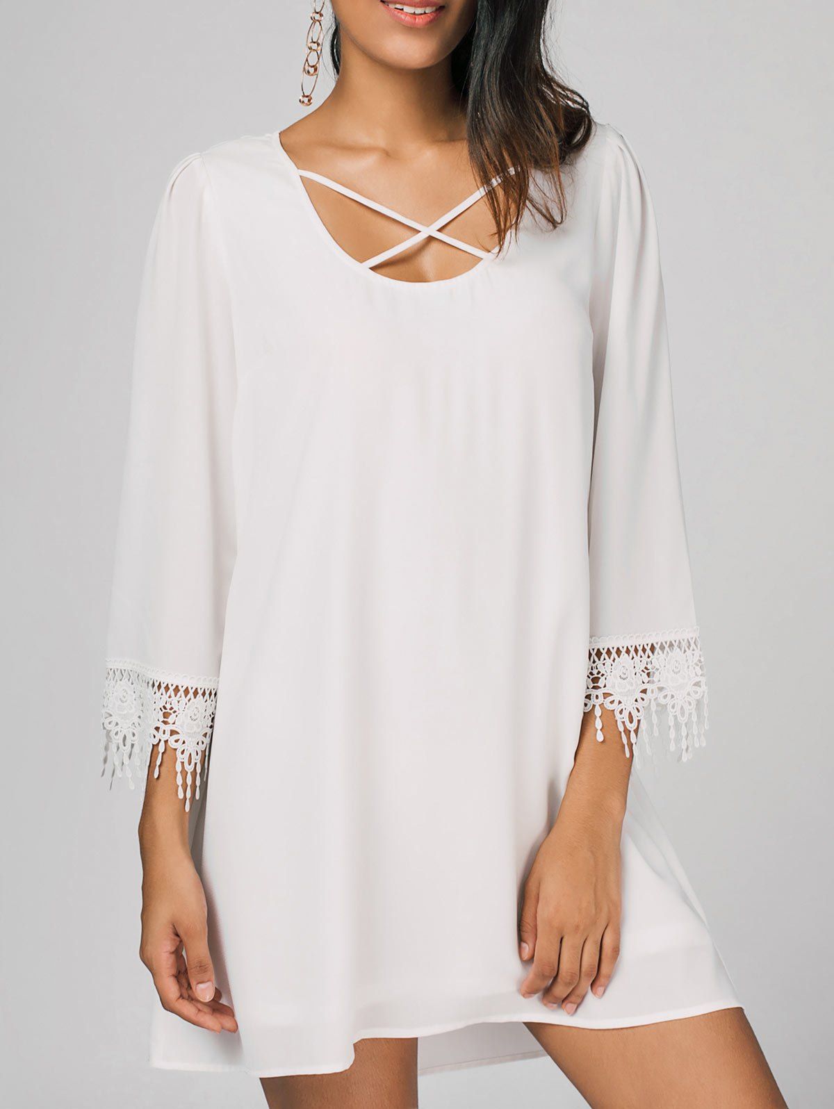 

Crochet Panel Criss Cross Casual Dress, White