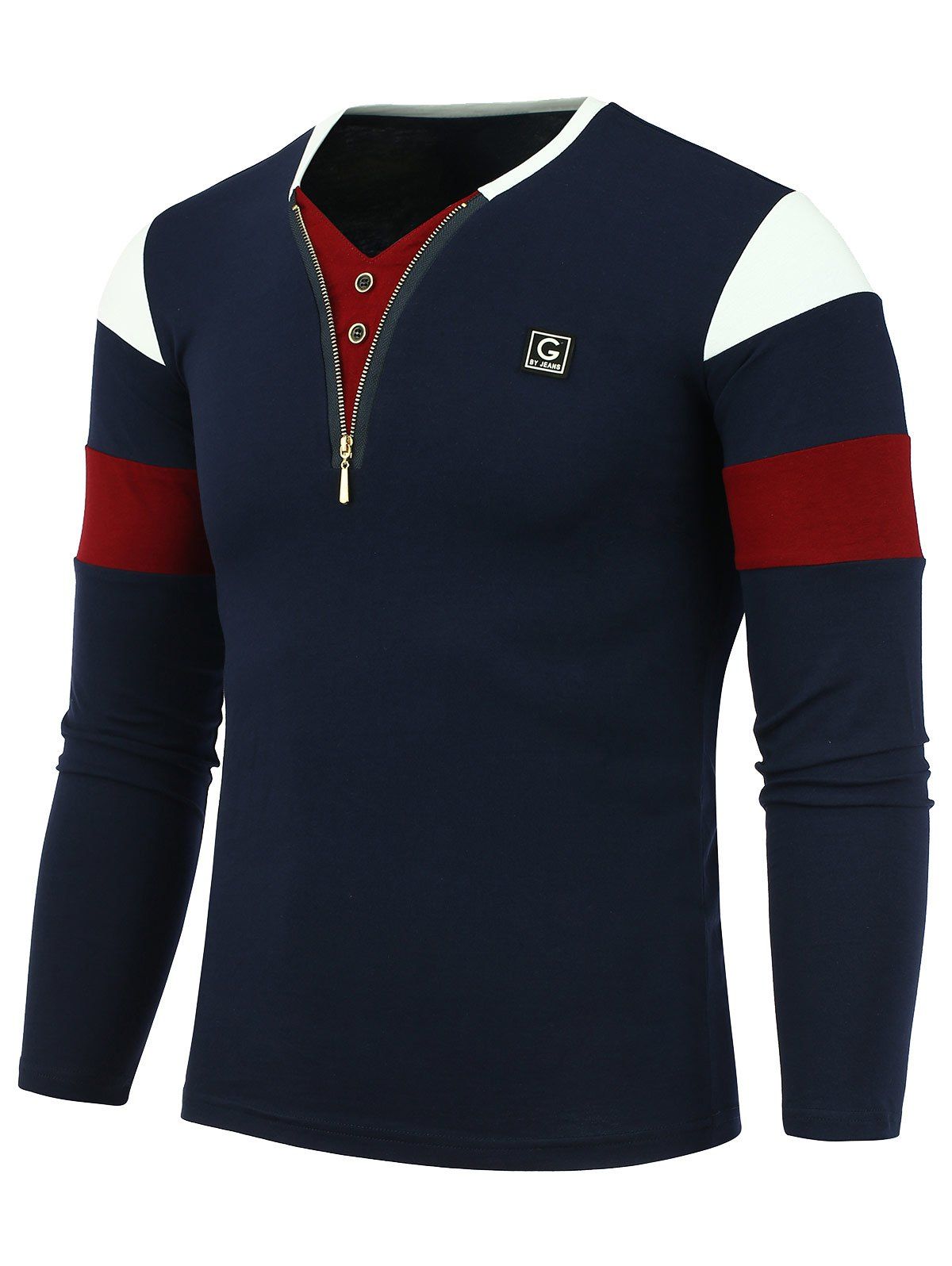 

Zipper and Button Design Long Sleeves Tee, Blue