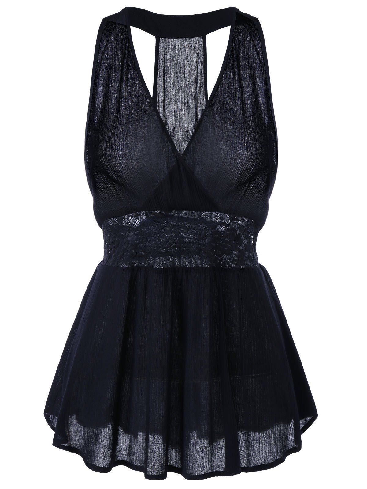 

Sleeveless Empire Waist Lace Insert Blouse, Black