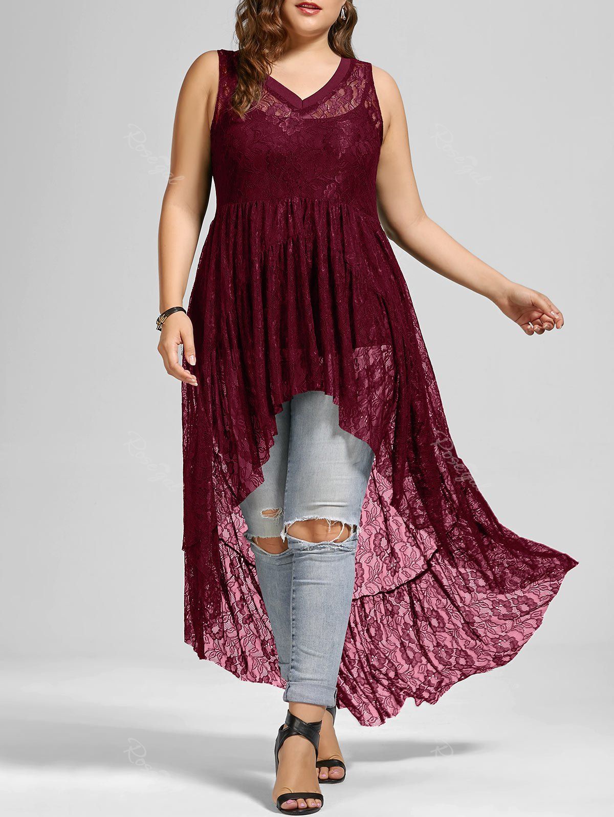 

See Through Lace High Low Plus Size Top, Wine red