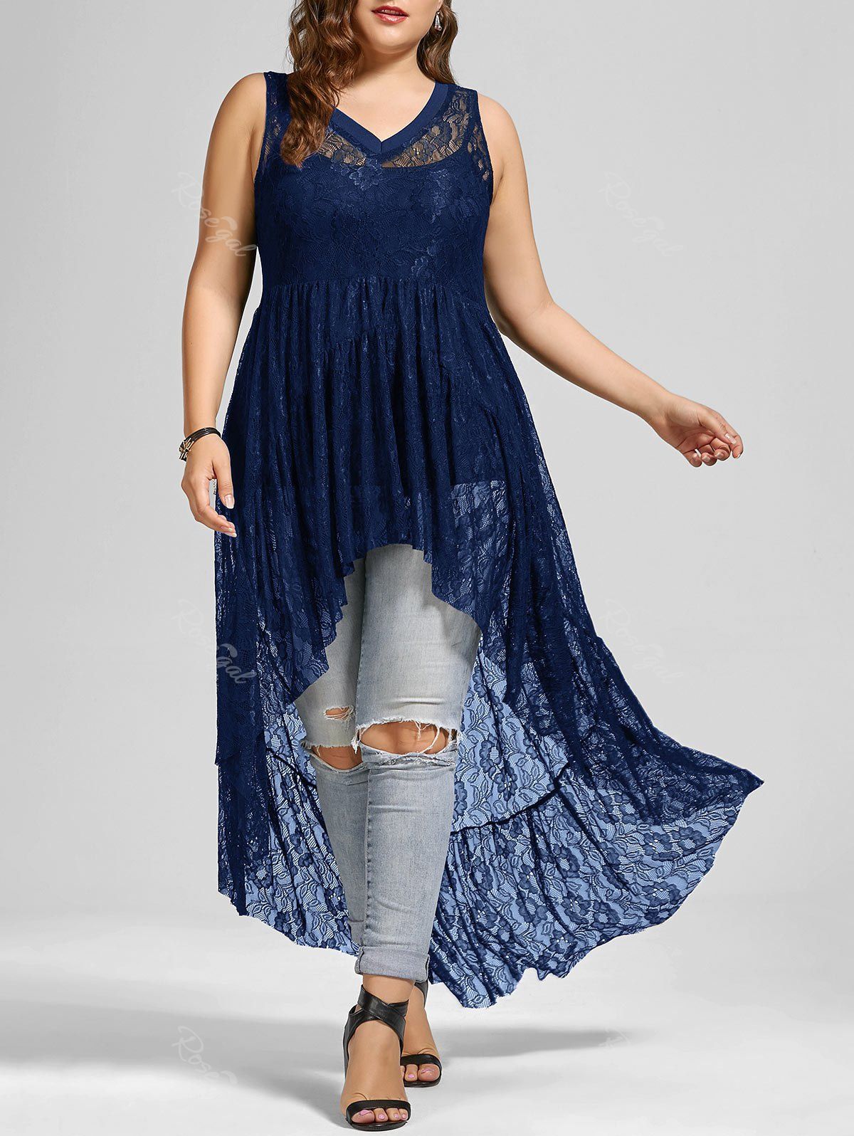 

See Through Lace High Low Plus Size Top, Purplish blue