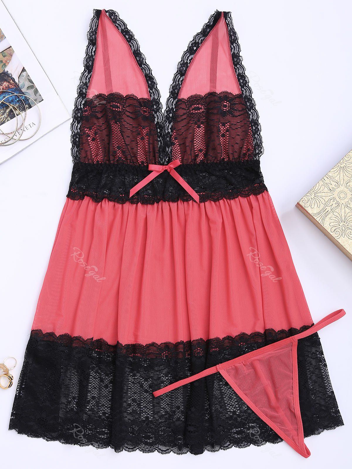 

Lace Plus Size Mesh Cami Sleep Dress, Deep pink