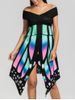 Asymmetric Butterfly Print Off The Shoulder Dress -  