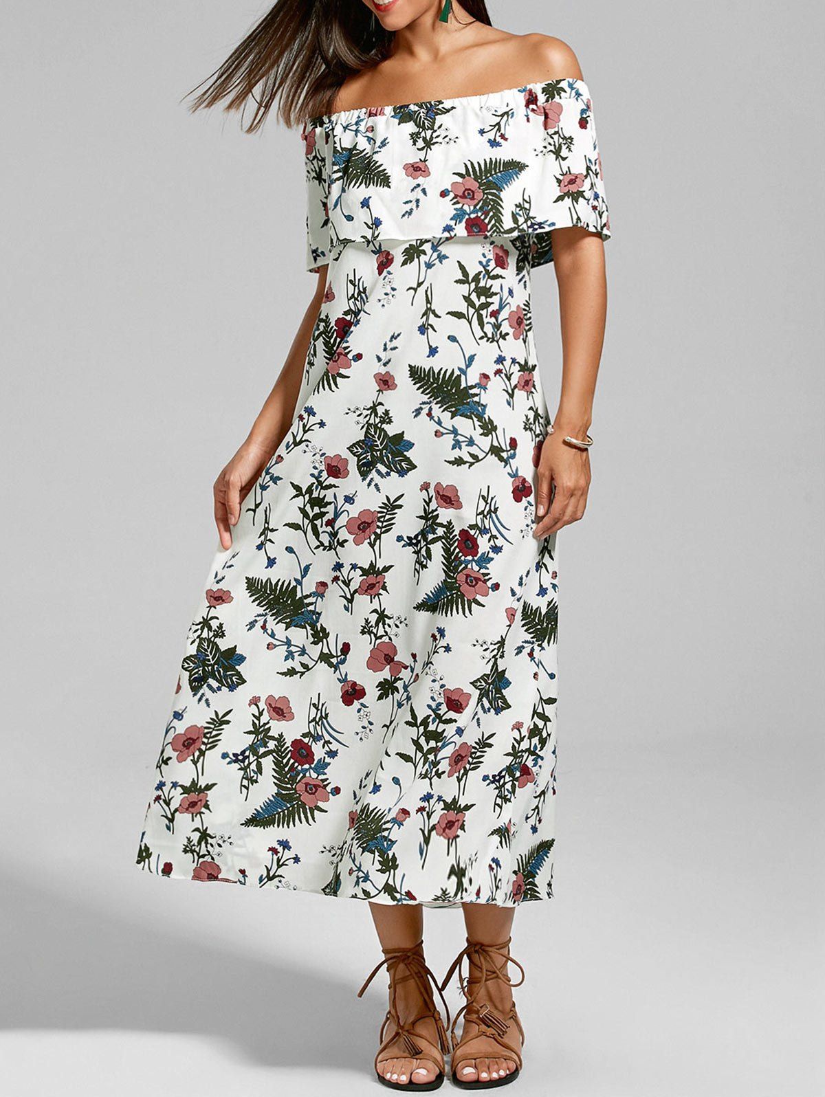 2018 Floral OFF The Shoulder Flounce Maxi Dress In Floral S | Rosegal.com