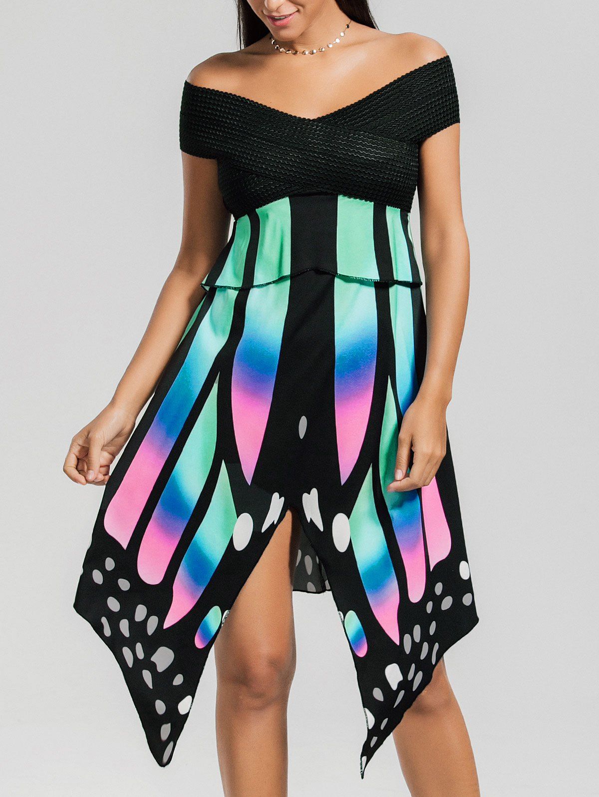 Trendy Asymmetric Butterfly Print Off The Shoulder Dress  