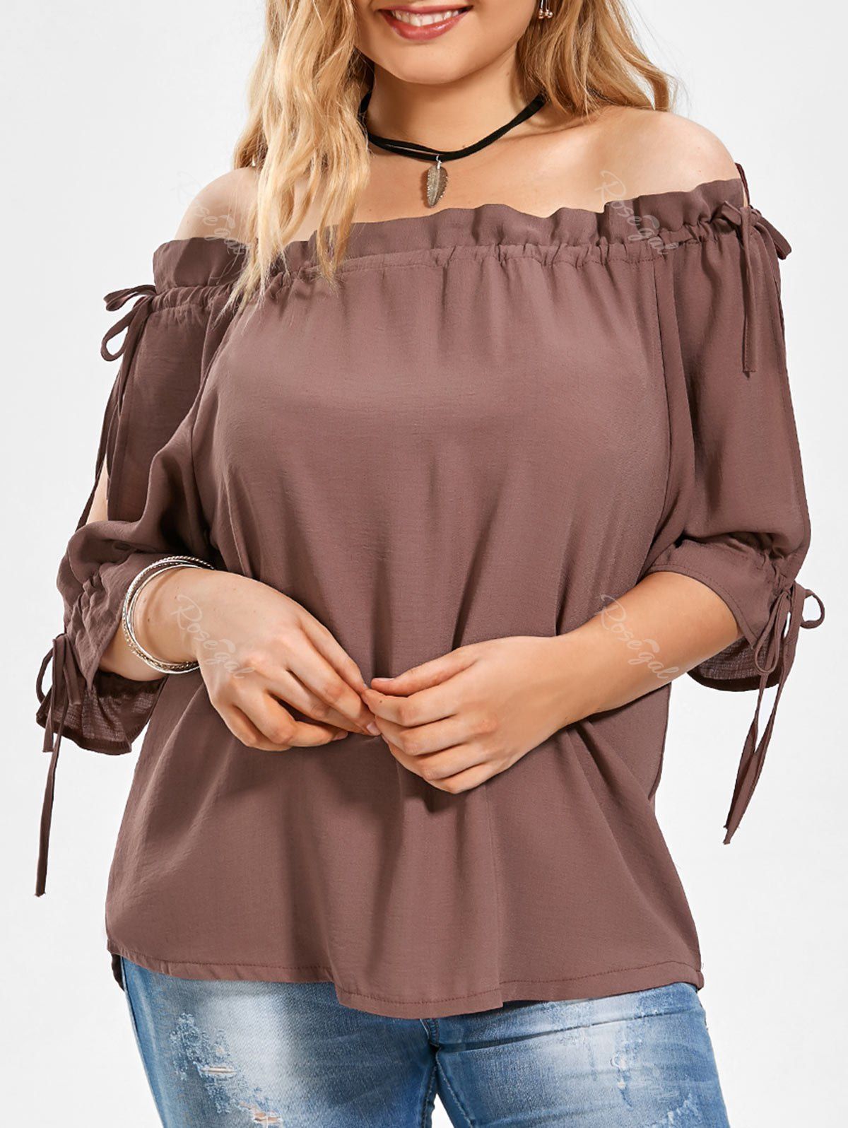 

Split Sleeve Plus Size Off The Shoulder Top, Brick-red