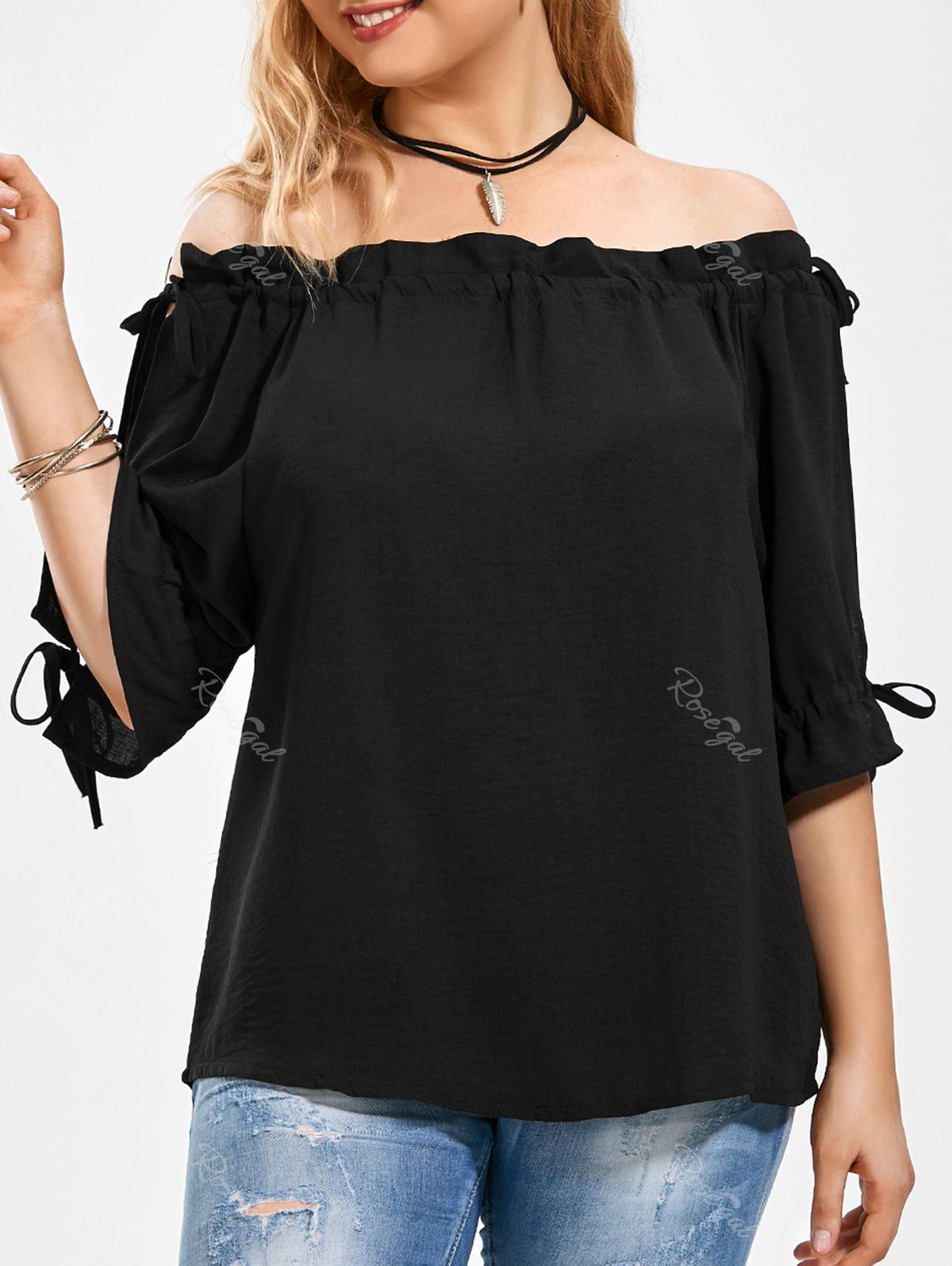 

Split Sleeve Plus Size Off The Shoulder Top, Black