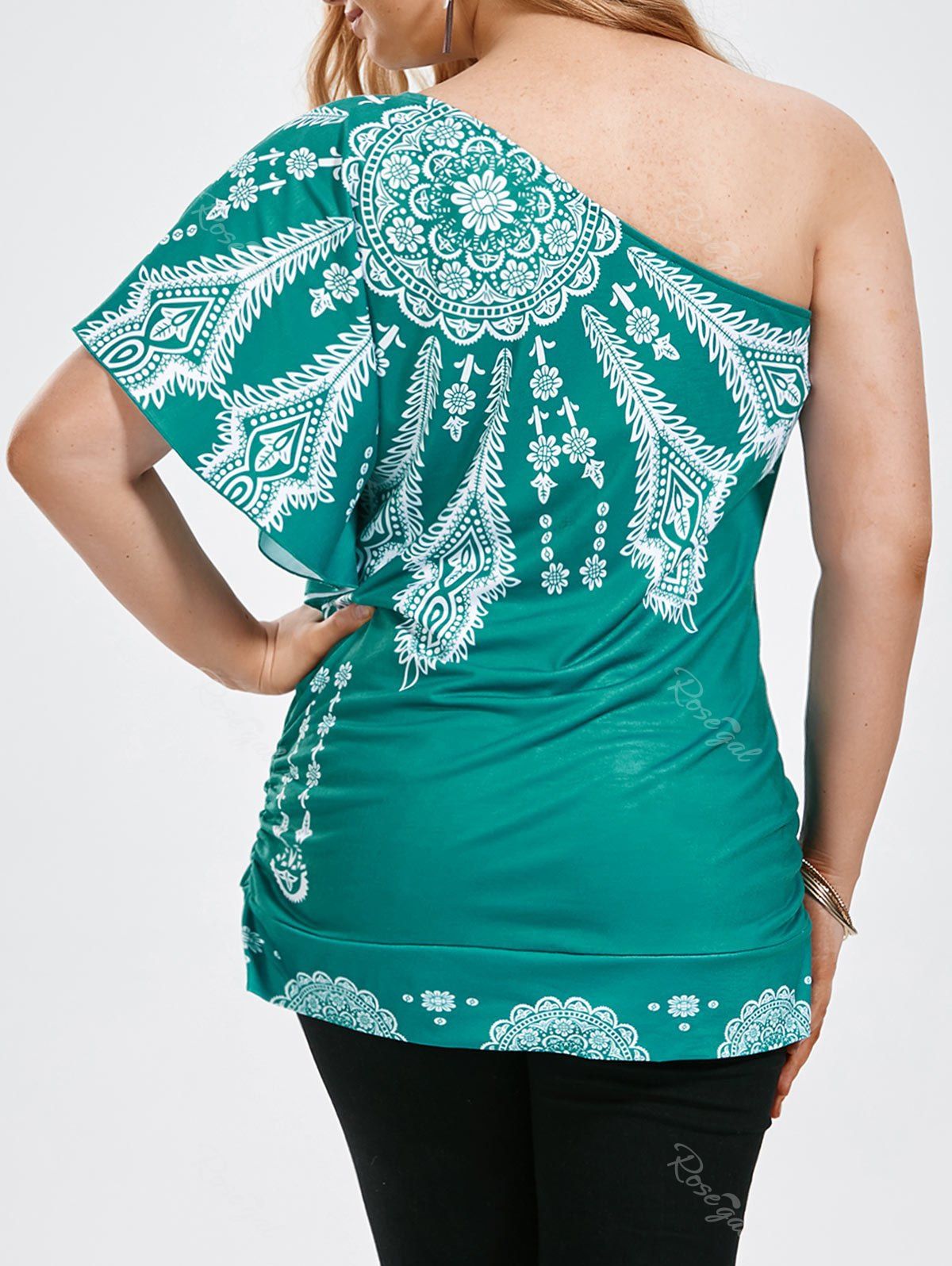 

One Shoulder Floral Butterfly Sleeve Plus Size Top, Green