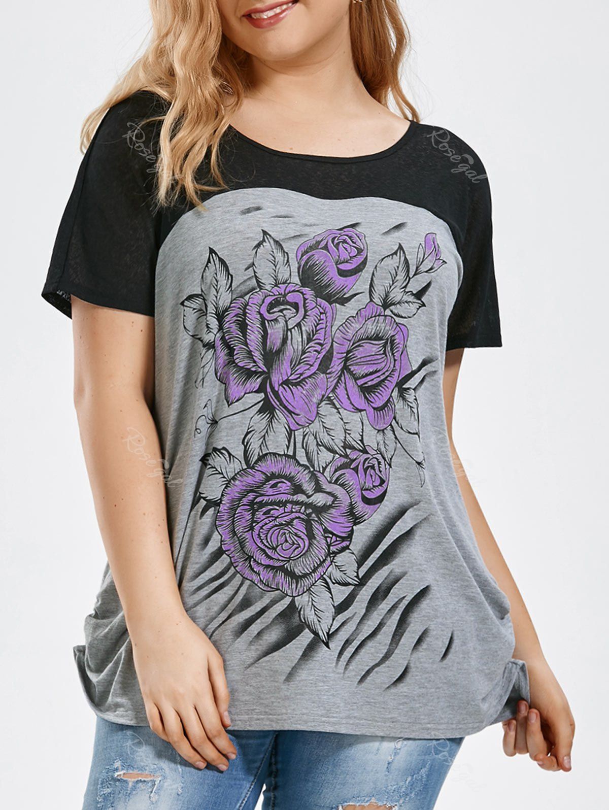 

Rose Print Color Block Plus Size Blouse, Black and grey