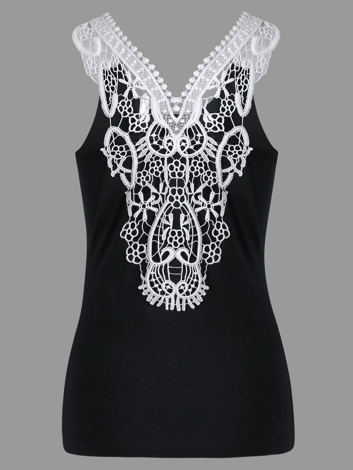 

Cutwork Lace Trim Slim Tank Top, Black