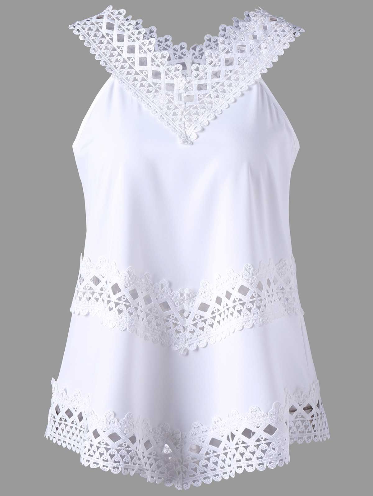 

Crochet Panel V Neck Tank Top, White
