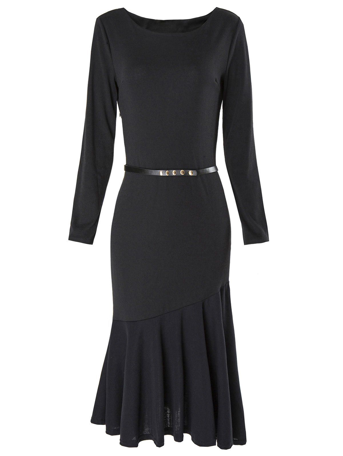 Black Xl Boat Neck Long Sleeve Bodycon Mermaid Dress | RoseGal.com