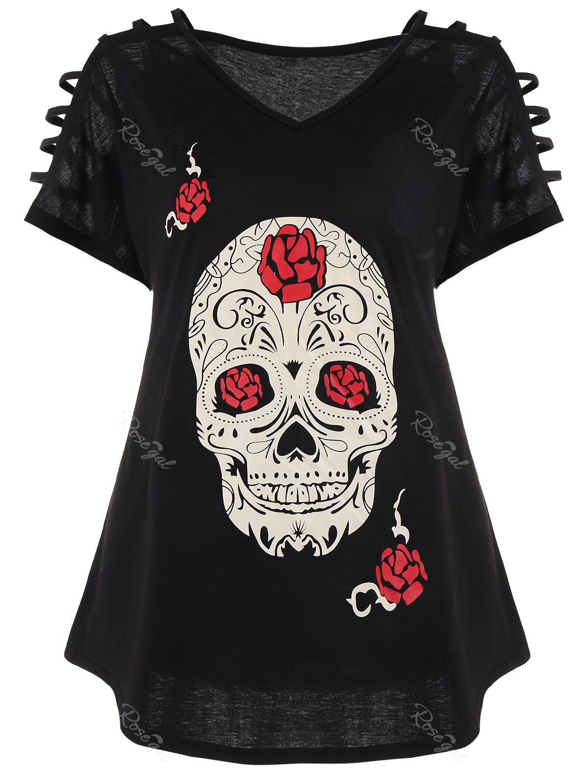 

Plus Size Cut Out Skull Print Tee, Black