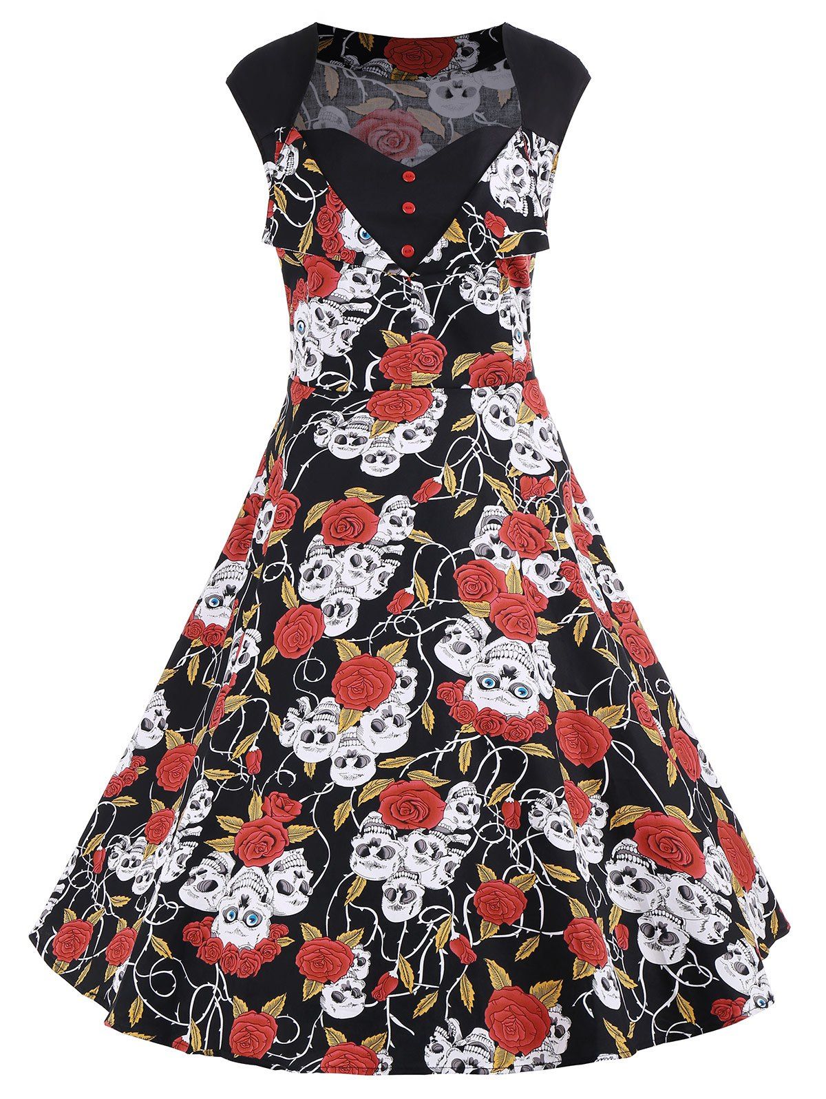 

Plus Size Floral Skull Print A Line Dress, Black