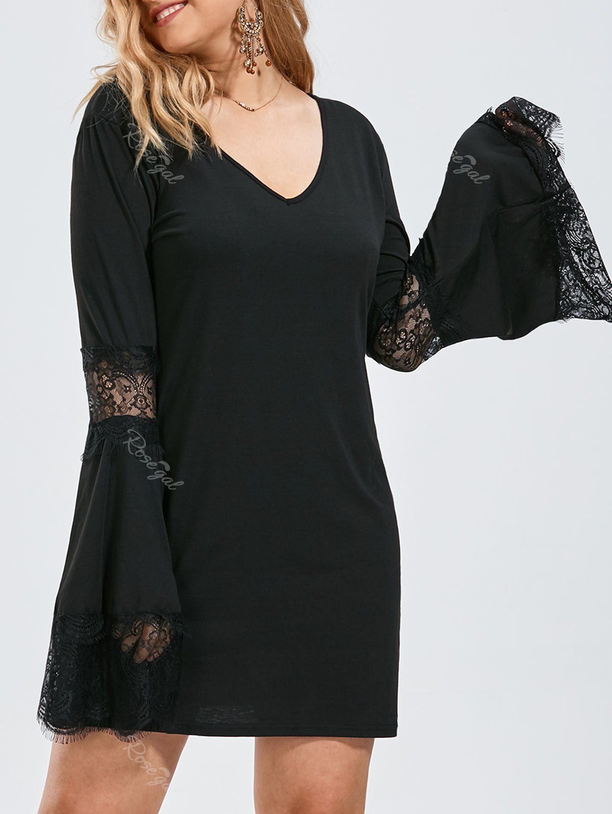 

Bell Sleeve Lace Crochet Panel Plus Size Tee Dress, Black