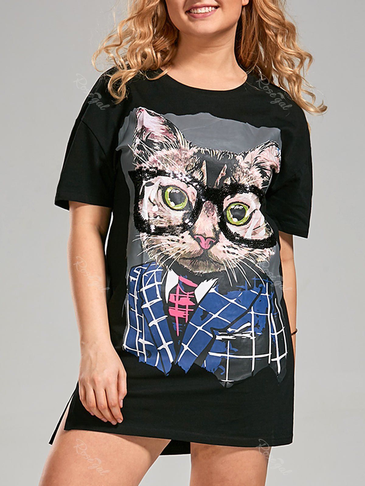 Robe T Shirt Motif Chat Amusant Ornee De Paillettes Grande Taille En Black Rosegal Com France
