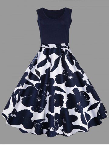 Online Plus Size Floral Printed Vintage Midi Flare Dress  