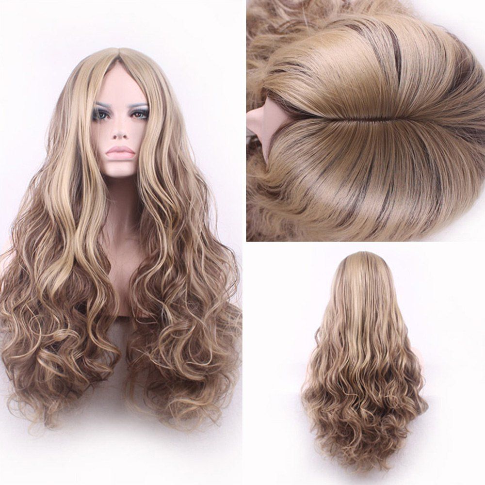 

Long Center Part Layered Shaggy Curly Synthetic Wig, Golden blonde