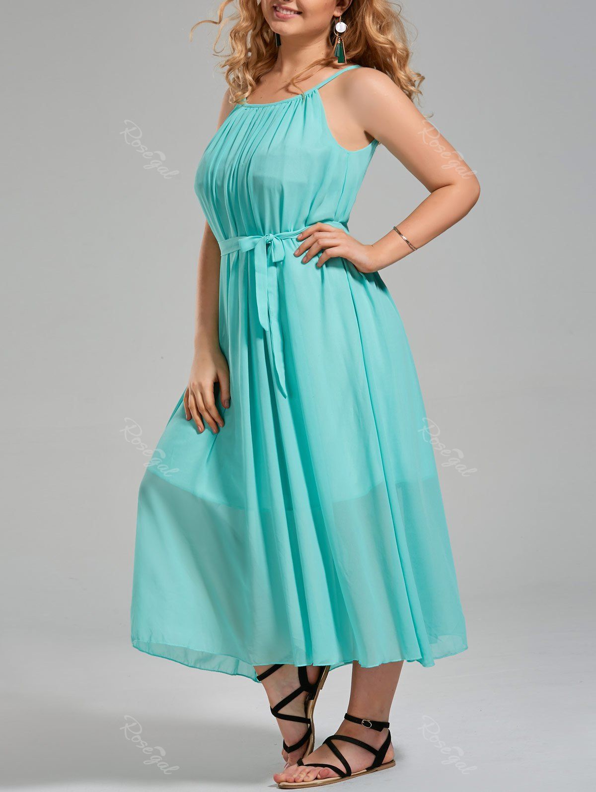 2018 Plus Size Chiffon Long Slip Dress With Belt In Turquoise One Size ...